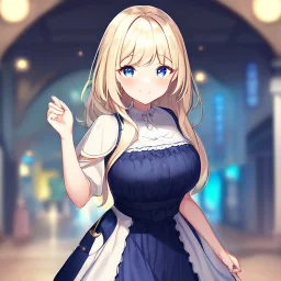 Clear focus,High resolution, Light Blonde hair, and blue eyes, kawaii style, wearing a dress, Blushing