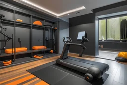 ground floor home gym in dark grey and orange