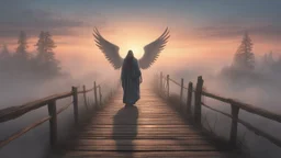 walking straight ahead over a wooden bridge, holding the angel of death with your right hand, entering the fog at the end of the road that leads to the afterlife, and a beautiful sunset and galaxy's behind the fog, realistic