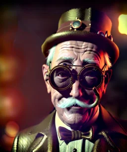 steampunk, cabaret scene. old man. Sunglasses, rain, smoking, happy, hot, people background, highly detailed, concept art, unreal engine 5, god rays, ray tracing, RTX, lumen lighting, ultra detail, volumetric lighting, 3d, finely drawn, high definition, high resolution.