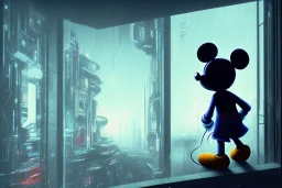 Mickey Mouse looking out a window in Blade Runner appartment