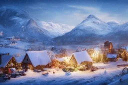 highly detailed small village scene in skelig harbor, sunrise, illustration, background snowy mountains, christmas lights, cinematic lighting, 4k, 8k, octane render, digital concept art, trending on artstation, pinterest, extremely detailed, ambient lighting.