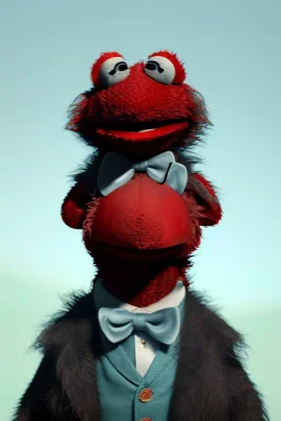 Waist up muppet Portrait, Vladimir Putin as muppet doll, Black suit, photo studio, blue background, unreal engine 5, concept art, art station, god lights, ray tracing, RTX, lumen lighting, ultra detail, volumetric lighting, 3d.