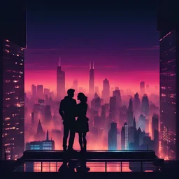 silhouette of couple from building across city landscape horizon neon lights night life