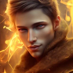 Male, Human, Blond, Sorcerer, Fire Mage, Golden Eyes, Young, Photorealism, Full Body Shot, Forest Background