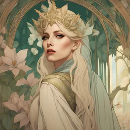 art by Alfons Mucha, Lady Gaga as an elf princess in an elven kingdom, HD 4K