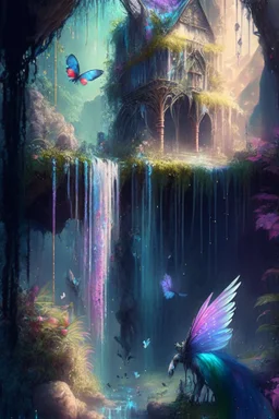 Phantasy landscape.Paradise hauntedgarden, unicorn, bright magic art, splash art, high quality, 8k, digital painting, glitter, waterfall, greenery, butterflies, birds of paradise, gnome's house, trending on artstation, sharp focus, studio photo, intricate details, highly detailed, by greg rutkowski