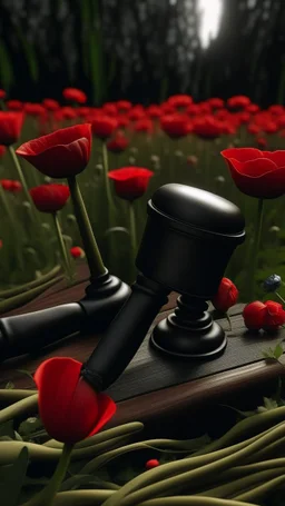 A wooden judge's gavel engraved with T letter. Next to a black pistol and two black leather gloves. Placed in a field filled with red poppies.. Dark garden background. Dark garden background cinematic.