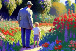 An oil painting of a father with his son in a flower garden by artist "Claude Monet"