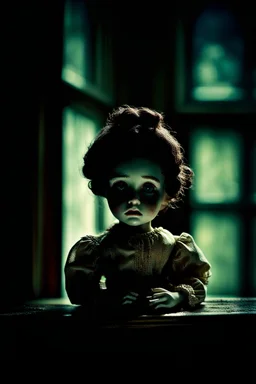 looking at the camera a high realistic porcelain doll, old, dirty with old dress, sitting on shelf, in background blur cracked window. The figure has cracked face and head, and big black eyes. High contrast, cinematic, thriller, dark, atmospheric. Surreal style , perfect composition, sharp focus, intricate details, crepy stunning