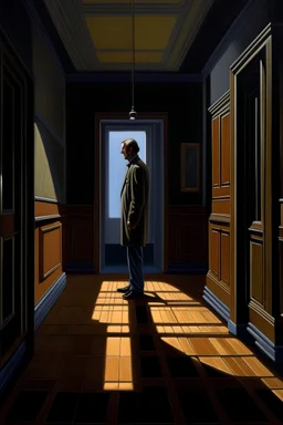 a painting of a person standing in a hallway, an ultrafine detailed painting by Rockwell Kent, featured on deviantart, metaphysical painting, wiccan, chiaroscuro, oil on canvas