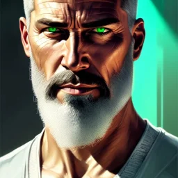 "MIddle aged white human male, with a trimmed but uneven beard, piercing green eyes with slick back hair,complete head and shoulders portrait, 8k resolution concept art portrait by Greg Rutkowski, Artgerm, WLOP, Alphonse Mucha dynamic lighting hyperdetailed intricately detailed Splash art trending on Artstation triadic colors Unreal Engine 5 volumetric lighting Splash art fantasy"