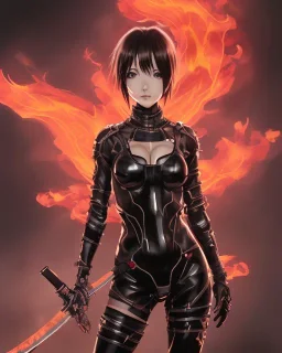 Detailed cute anime Kunoichi female demon looking behind her in a fire, black latex bodysuit, intricate details, full body portrait, keep head in frame, slight smile, black Japanese motif, concept art, highly detailed, digital painting, concept art, sharp focus, illustration, art by Yoji Shinkawa, WLOP and greg rutkowski and alphonse mucha and artgerm and yanjun Chen and Junji ito and Makoto Shinkai, HDR, octane render