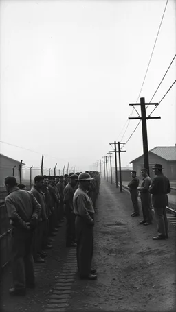 An old picture style black and white mono very bad quality looks very old camera picture with cracks of prisoners standing in line for food beyond bare wires in a Nazi concentration camps year 1900 in the background foggy clouds