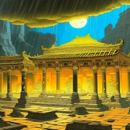 A yellow glowing ruins with clocks in a thunderstorm designed in ancient Greek pottery painted by Utagawa Hiroshige