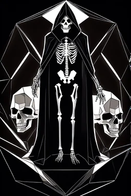 isometric low-poly character of a skeleton in a black hooded cloak,all inside a lighter diamond shape on a black background, monochromatic