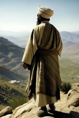 A Morisco general in Arab dress standing from behind on a mountain, his face not visible ​