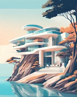 Architectural illustration of a captivating masterpiece of modern minimalist architecture, neo-futurist style. The scene shows a luxury house or resort on a cliff by the sea. Trees three people. Clear summer weather. Complementary colors.