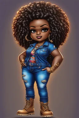 vibrant psychedelic pop punk image, airbrush, 48k, cartoon art image of a plus size chibi dark skinned Black female wearing a sapphire blue jean outfit with timberland boots. Prominent make up with brown eyes and lush lashes. Highly detailed tight curly ombre afro