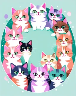 A charming illustration of adorable cartoon cats arranged in a circle, perfect for a heartwarming greeting card. The cats, a mix of breeds including Persians, Siamese, and Maine Coons, each display uniquely expressive faces with large, sparkling eyes and playful smiles, wearing pastel-colored collars in shades of pink, lavender, and mint green. Surrounding the circle of cats are scattered pastel fish bones and paw prints against a clean white background, with the text "Life is purrfect with cats