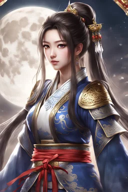Photograph Best quality, masterpiece, ultra high resolution, pretty 1 girl's portrait close-up, flowing hair, real skin, jewelry, solo, Chinese clothing, armor,moon,blurry, realistic, Chinese Zen