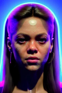 portrait, Shakira, artist, Realistic image, latex style dress. loose long hair, eyes make up, perfect, glow, circle iris. Neon colors, leds, geometric shapes. Dark background, photo studio, neon lights. Cyberpunk, concept art, smooth, unreal engine 5, god lights, ray tracing, RTX, lumen lighting, ultra detail, volumetric lighting, 3d, finely drawn, high definition, 4k.