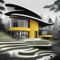 Ilustración minimalista de una casa campestre estilo Zaha Hadid forma redonda en las montañas arte nouvea color negro blanco y amarillo