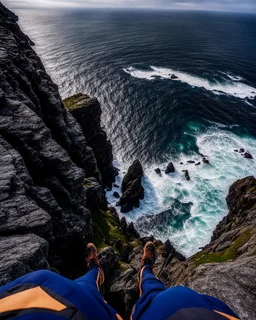 from the point of view of a rock climber, look down at the ocean rocks below as you climb high into the bluffs of ireland. holding on to the cliff face, the ocean below storms and swirls around a giant whirlpool, a great pit in the ocean