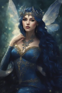 Midnight blue,Dark blue hair,night,dark fairy princess ,elven crown,elven ears,sparkle,glitter,gold armor,dragonflies,rapunzel hair,water lilies