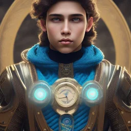 portrait of a teenager brown boy with curly brown long hair and blue eyes,steampunk style,8k quality,full body shot, masterpiece, best quality,sparkling eyes, fluorescent skin, colorful makeup, highly detailed body,sun light, 4K, RAW, depth of field, high contrast, realistic details, 24mm