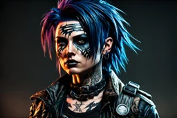 create a full body hyper realistic 3d, 8k portrait of a raggedly dressed, post apocalyptic, female goth punk scavenger , with highly detailed and deeply cut facial features, searing lines and forceful strokes, precisely drawn, boldly inked, with gritty textures, vibrant colors, dramatic otherworldly lighting