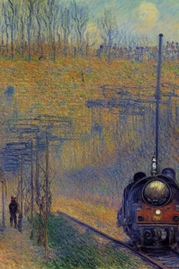 cyberpunk, technopunk, steampunk train on a train track, Impressionist landscape, Impressionist painting, Alfred Sisley, Pierre-August Renoir, Claude Monet, Robert Hagan, textured paint, luminism, hyperrealism, fine art