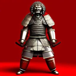 Samurai, 3d, très détaillé, corps de lion, anthropomorphique, armure argent et rouge