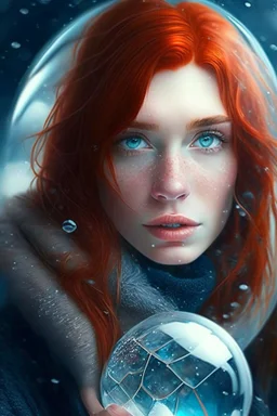 a beautiful girl with red hair ready for winter and a man with short brown messy hair and piercing blue eyes stucka crystal clear globe