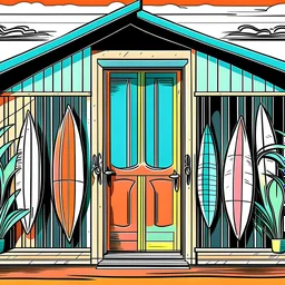 retro beach house with a colorful surfboard fence and vintage beach accessories, show beach view, front closeup view, minimalistic white color water fountain, minimal black line art, unique coloring sheet, outlined, outline, line art, clean line art, unique, 8k, amazing, realistic, masterpiece, no colors, no dark color, no black color, avoid thick black, minimalistic line edges, white back ground color, vector style,