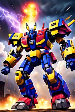 Optimus prime Donkey samarai warrior and bumblebee mech donkey ninja warrior with thunderstorms in the background and fireballs falling from sky