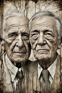 an old couple faces old pale brown vintage photo with crack, fault, glich technique, grey-brown, defects, graininess, white noise, lines, scratches, glitch art