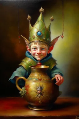 Living king elf kettle, prize winning oil painting