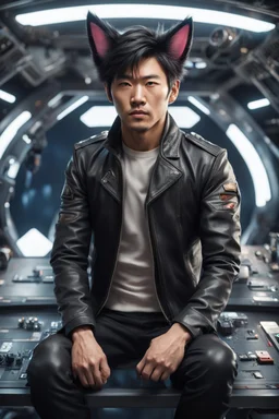 Male Asian actor with cat ears in a leather jacket, on a spaceship deck