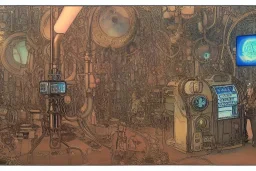 close up view on steampunk lab with big vapor tubes and alchemy equipment, mad scientist working, giant video screens, sci-fi vending machine, clock, retrofuturism, concept art by mucha and moebius and victo ngai, clean line, diesel punk