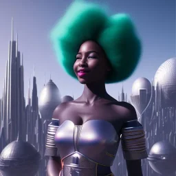 Ultra realistic photo. volumetric lighting , scientist. Young black woman, young, big smile. Joy. smiling. Afro futurism. Afro puffs. Blue hair. Ombré hair Cotton candy. Futuristic cities in background. Space. Space travel. Silver. Cities