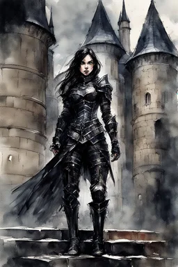 a young black-haired girl in medieval black armor on the castle grounds, watercolor, dark fantasy, bad weather, gloomy day, dark world, sketch art, fine lines, grunge, sensual, darkness, by Raymond Swanland & Alyssa Monks & Anna Razumovskaya