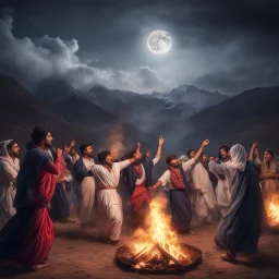 Hyper Realistic photographic-view of Pashto-People doing Traditional-Pashto-Attan-Dance with celebration atmosphere & garland-lights & bonfire on mountain-top at night with cloudy-moonlight showing dramatic & cinematic ambiance