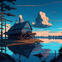 a quiet morning sunrise blue skies with clouds near a lake and a cabin in a vampire city cartoon