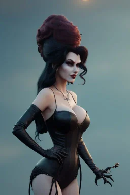 Amy Dumas as evil queen in black leather gown, evil, busty, cleavage, curvy, angry, stern look. character design by cory loftis, fenghua zhong, ryohei hase, ismail inceoglu and ruan jia. unreal engine 5, artistic lighting, highly detailed, photorealistic, fantasy