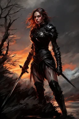 A formidable warrior girl in black armor, on the background Amazing gloomy landscape, flooded with sunset, mountains, trees, fabulous scary hero, , juicy emotions, painting, dark fantasy, gloomy day, dark world, portrait, by Raymond Swanland & Alyssa Monks & Anna Razumovskaya