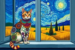 “An intricately decorated cat sits on the windowsill, adorned with mandala patterns and rich ornamental designs in bright jewel colors. Outside the window: a swirling Van Gogh-style landscape, with golden wheat fields, bold cypress trees, and a deep blue sky filled with motion and stars, painted in expressive strokes. The view is vibrant and emotional, echoing the cat’s mystical presence. --ar 16:9 --v 7 --style raw”