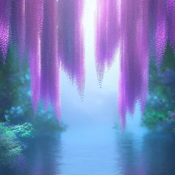 a magical crystal pink castel vertical light, pink and blue wisteria , pink vertical, blue lake,sharp, background vertical blue gradient vertical, elegant, highly detailed, artstation, concept art, smooth, sharp focus, illustration, 8k, splash art, wallpaper, key visual