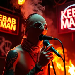 a very thin swedish man, with a skimask with only a hole for the mouth (no eyes), he is called "KEBAB MAN" performing at death metal club, his name is "KEBAB MAN" kebab rolls On stage, kebab Neon lights and smog, and "KEBAB MAN" big sign on the wall, kebab tribal tattooes, spinning kebab machines, flames and smoke, chaos, he singing with mic,