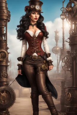Photorealistic full-height photo of a fantasy skinny pin-up girl in a steampunk outfit with long, dark hair